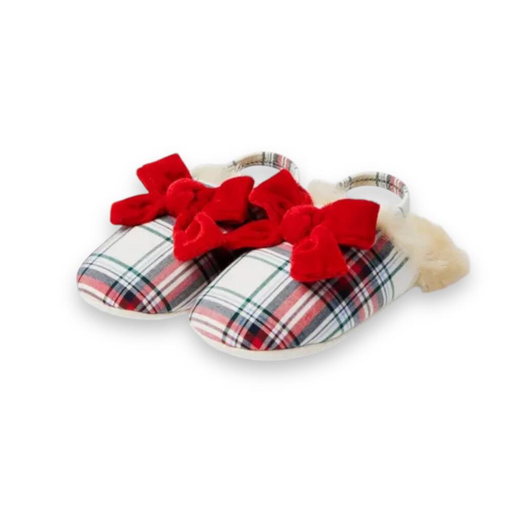 🆕 Janie and Jack NWT Tartan Velvet Bow Slippers. Size 4.
